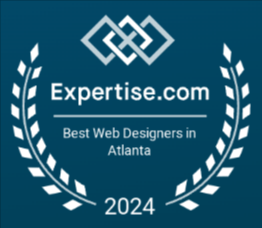 A blue badge from Expertise.com features white laurel branches surrounding the text "Best Web Designers in Atlanta, 2024" with a geometric logo above, highlighting its recognition as an Atlanta Creative Agency.