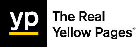 The image is a logo featuring "yp" in lowercase white letters on a black background with a yellow underscore. To the right, it says "The Real Yellow Pages" in black text on a white background with a registered trademark symbol, reflecting the clean design style typical of an Atlanta Creative Agency.